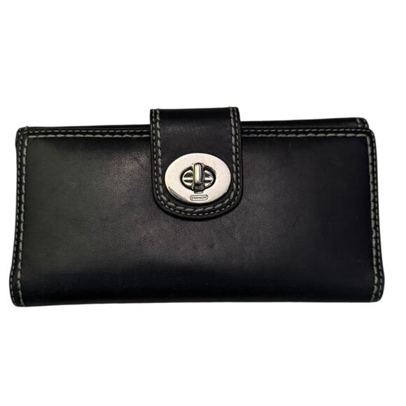 Coach Black Leather Bifold Twist Lock Silver Hardware Long Wallet - Picture 1 of 7